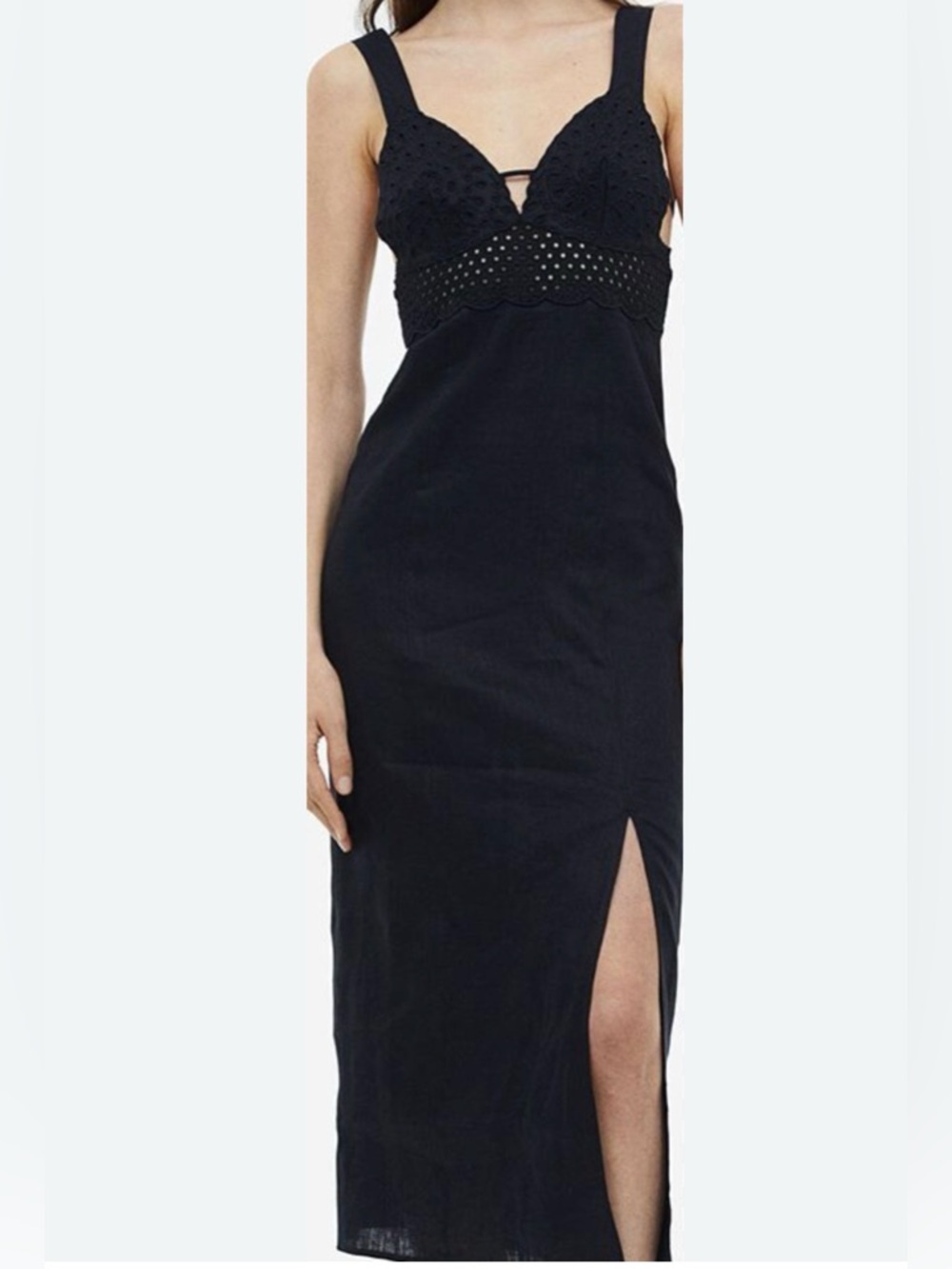 H&M Black Linen Eyelet Bodice Midi Dress with Straps